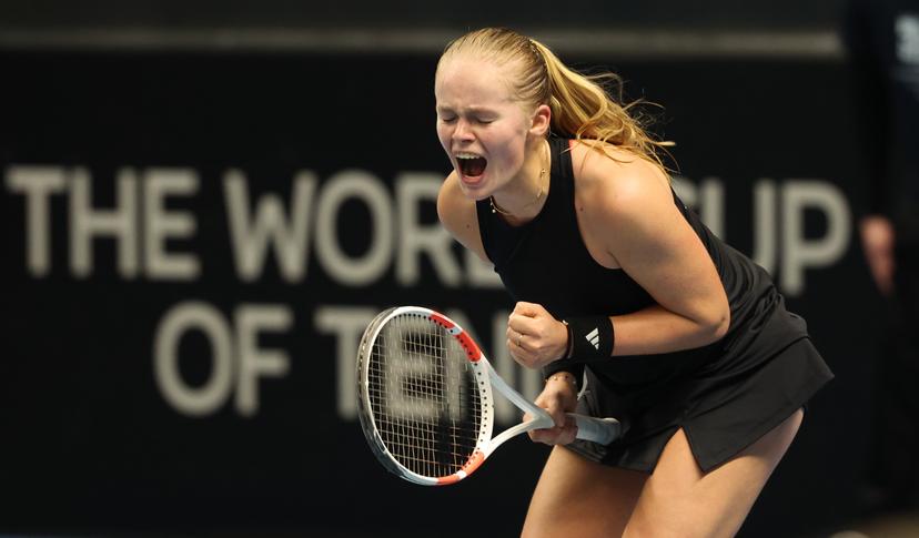 Belgian Jeline Vandromme celebrates after winning a doubles tennis match between Belgian pair Minnen/Kempen and Hungarian pair Babos/Stollar, in the meeting between Belgium and Hungary in the pool phase of the Europe/Africa Group I of the Billie Jean King Cup tennis, in Vilnius, Lithuania on Wednesday 09 April 2025. PHOTO VIRGINIE LEFOUR PHOTO VIRGINIE LEFOUR