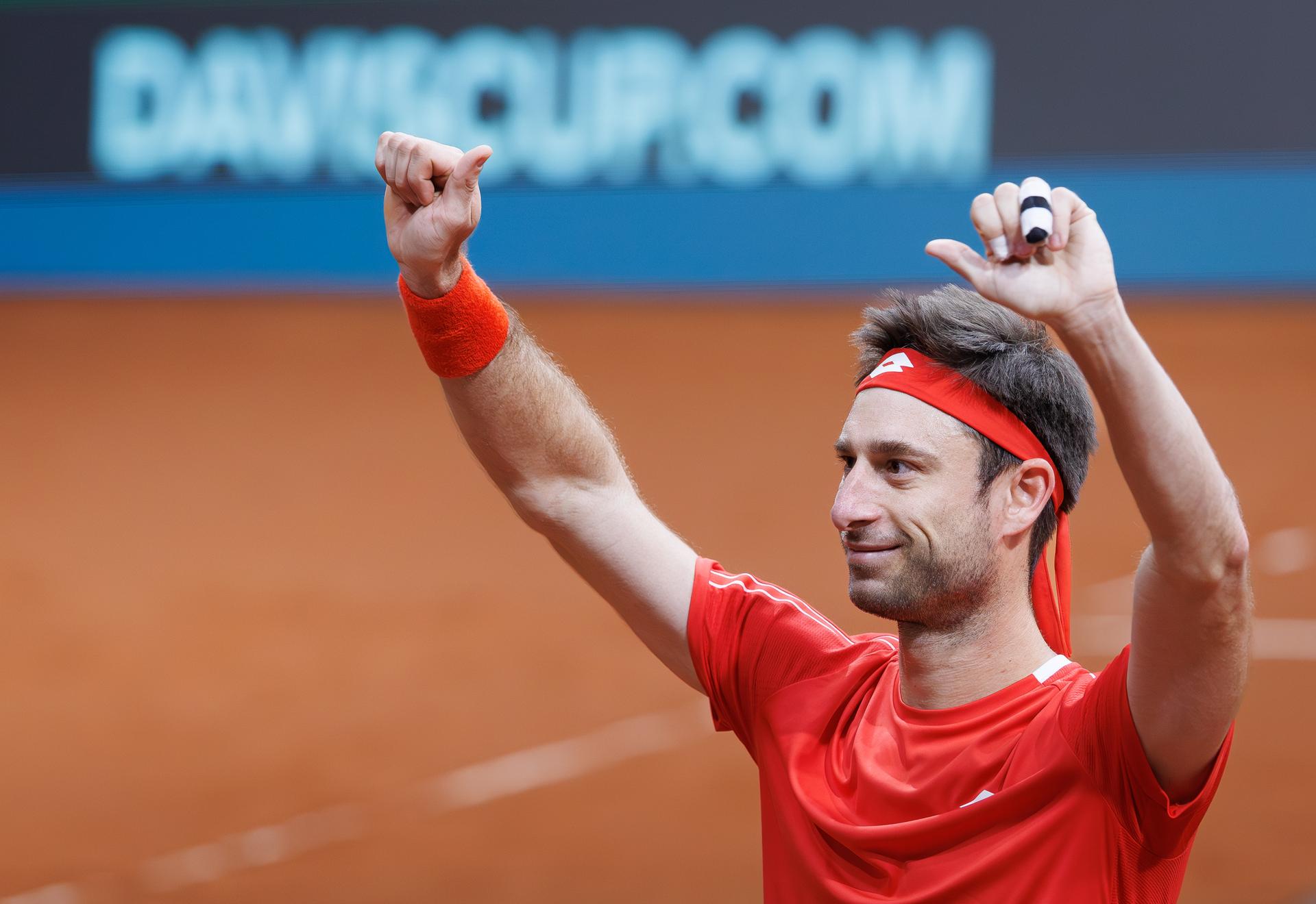 Belgian Sander Gille celebrates after winning a doubles tennis match between Bulgarian Donski/Nesterov and Belgian Gille/Vliegen, match 3 of the qualifier of the Davis Cup on Sunday 08 February 2026, in Plovdiv, Bulgaria. Belgium will compete this weekend in the Davis Cup qualifiers against Bulgaria. BELGA PHOTO BENOIT DOPPAGNE
