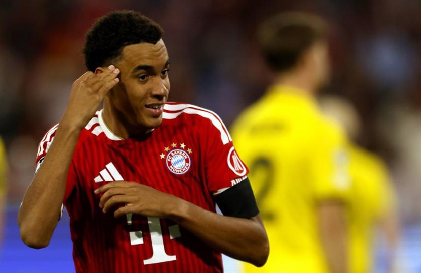 Bayern Munich's German midfielder #10 Jamal Musiala celebrates scoring his team's first goal during the UEFA Champions League football match between FC Bayern Munich and Bodo/Glimt at the Allianz Arena Stadium in Munich on September 10, 2026.  Michaela STACHE / AFP
