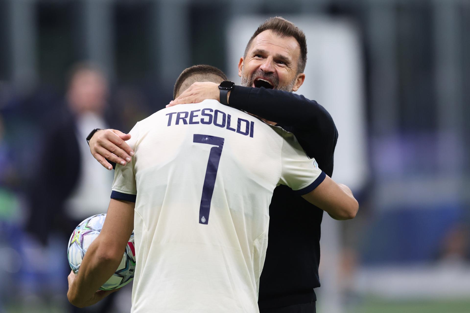 Club's head coach Ivan Leko celebrates after a soccer game between Italian Inter Milan and Belgian Club Brugge KV, Tuesday 13 October 2026 in Milan, Italy, on day 2 of the UEFA Champions League league phase. BELGA PHOTO BRUNO FAHY