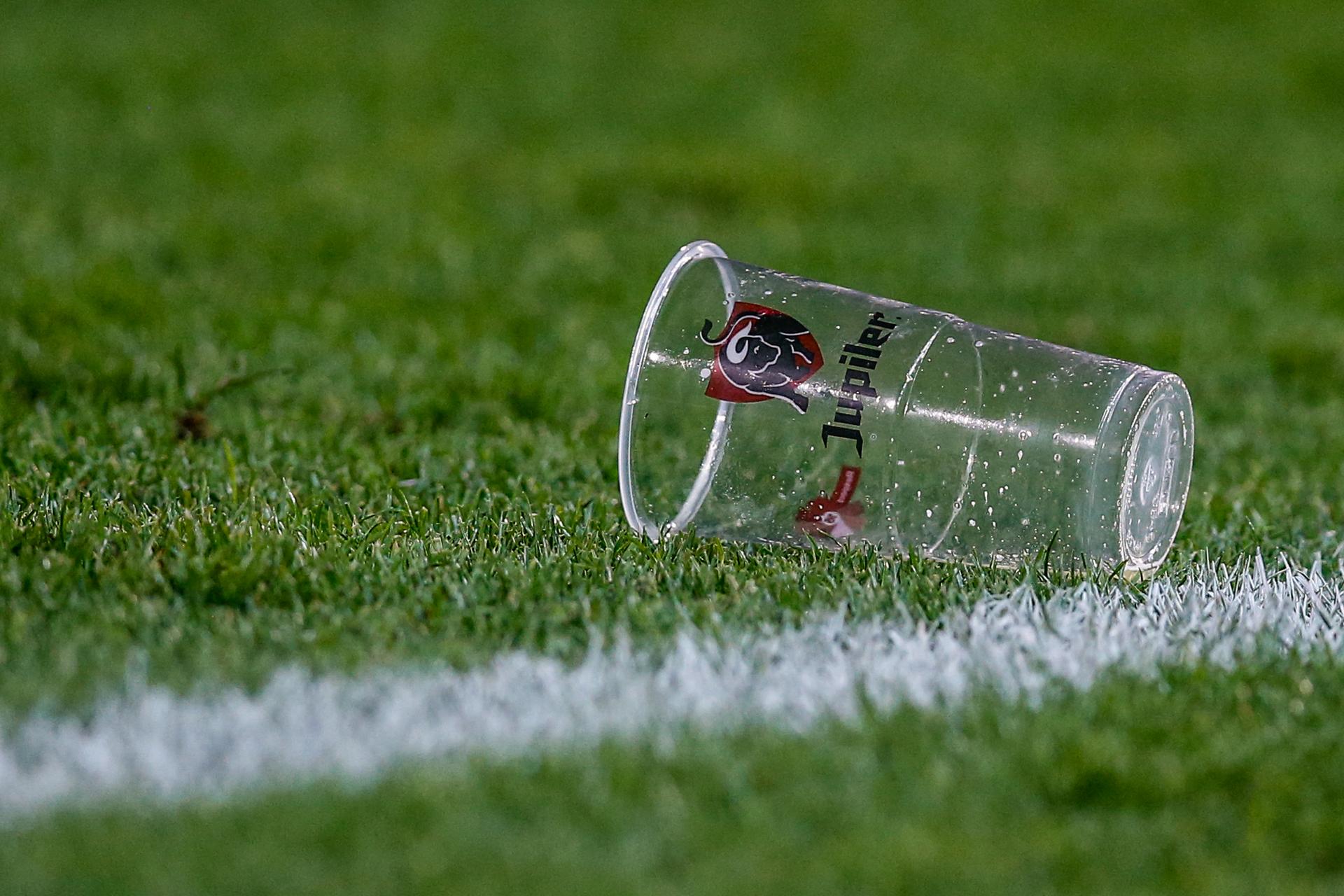 Illustration picture shows an empty beer cup on the pitch during a soccer match between Club Brugge and KV Oostende, Friday 22 November 2019 in Brugge, on day 16 of the 'Jupiler Pro League' Belgian soccer championship season 2019-2020. BELGA PHOTO BRUNO FAHY