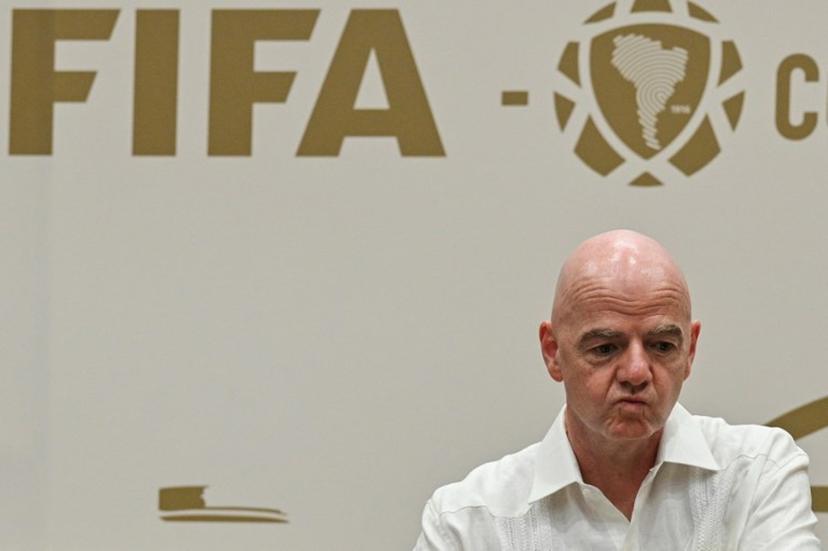 FIFA President Gianni Infantino gestures during his visit to the new Concentration Hotel of the Colombian Football Federation in Barranquilla, Colombia, on February 24, 2026. FIFA boss Gianni Infantino told AFP on February 24, 2026, he was "very reassured" about Mexico's hosting of games in the World Cup, in his first comments on the violence triggered by the killing of a drug cartel leader. David SALAZAR / AFP