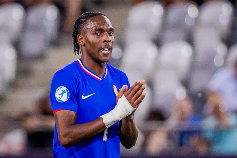 France's forward #07 Mathys Tel reacts at the end of the UEFA U21 European Championship semi-final football match between Germany and France in Kosice, Slovakia on June 25, 2025.  Branislav Racko / AFP