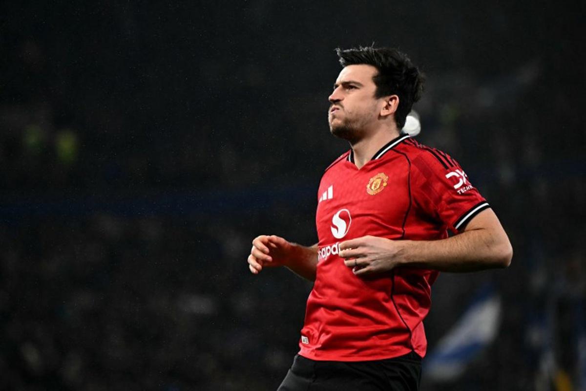 Manchester United's English defender #05 Harry Maguire react ahead of the English Premier League football match between Everton and Manchester United at the Hill Dickinson Stadium in Liverpool, north west England on February 23, 2026.  Paul ELLIS / AFP