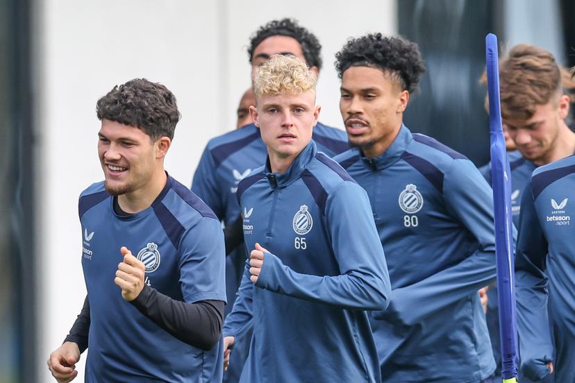 Club's Kyriani Sabbe; Club's Joaquin Seys and Club's Felix Lemarechal pictured during a training session of Belgian soccer team Club Brugge KV, Tuesday 20 October 2026 in Knokke-Heist. Club is preparing for the third game in the UEFA Champions League league phase against French team Racing Club de Lens tomorrow. BELGA PHOTO BRUNO FAHY