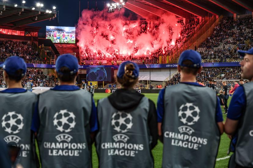 Rangers' supporters pictured at the start of a soccer game between Belgian Club Brugge KV and Scottish Glasgow Rangers F.C., Wednesday 27 August 2025 in Brugge, the return leg of the play-offs for the Champions League tournament. Club won the first leg 1-3. BELGA PHOTO BRUNO FAHY