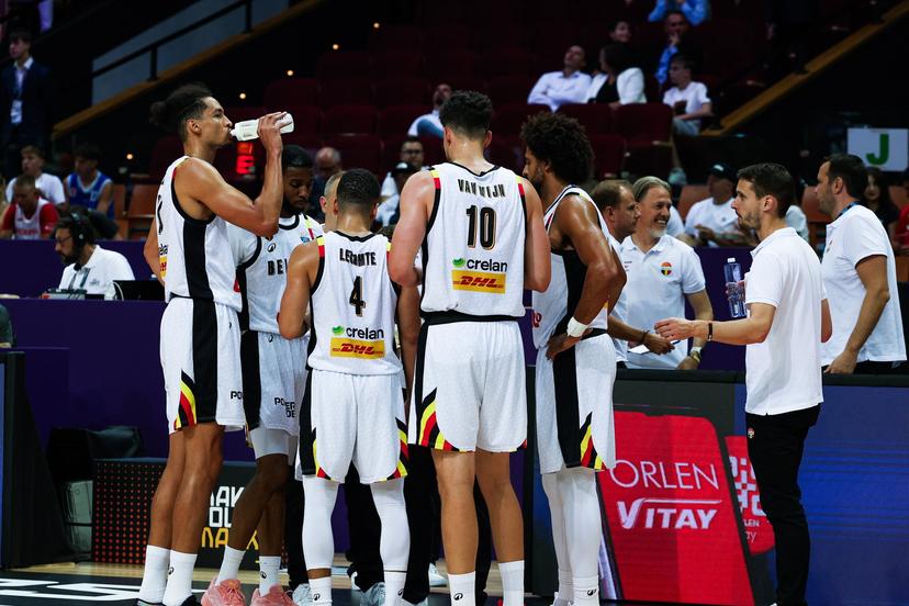 Belgium's players pictured during a basketball match between Belgium's national team Belgian Lions and France, Thursday 28 August 2025 in Katowice, Poland, the first game of the group stage of the Eurobasket 2025 European championships. BELGA PHOTO MICHAL GACIARZ *** BELGIUM ONLY ***