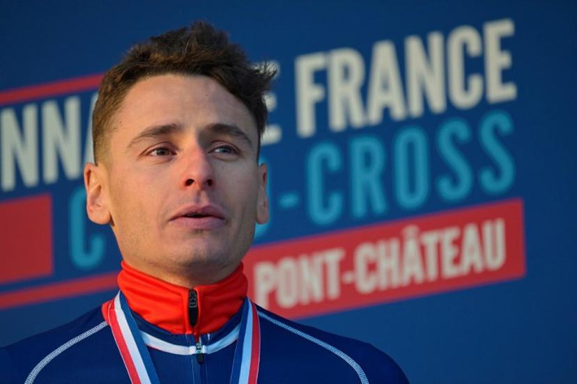 Gold medalist Clement Venturini celebrates during the podium ceremony of the France's men cyclo-cross French men's elite cyclo cross Championships in Pontchateau, western France on January 12, 2025.  Damien MEYER / AFP