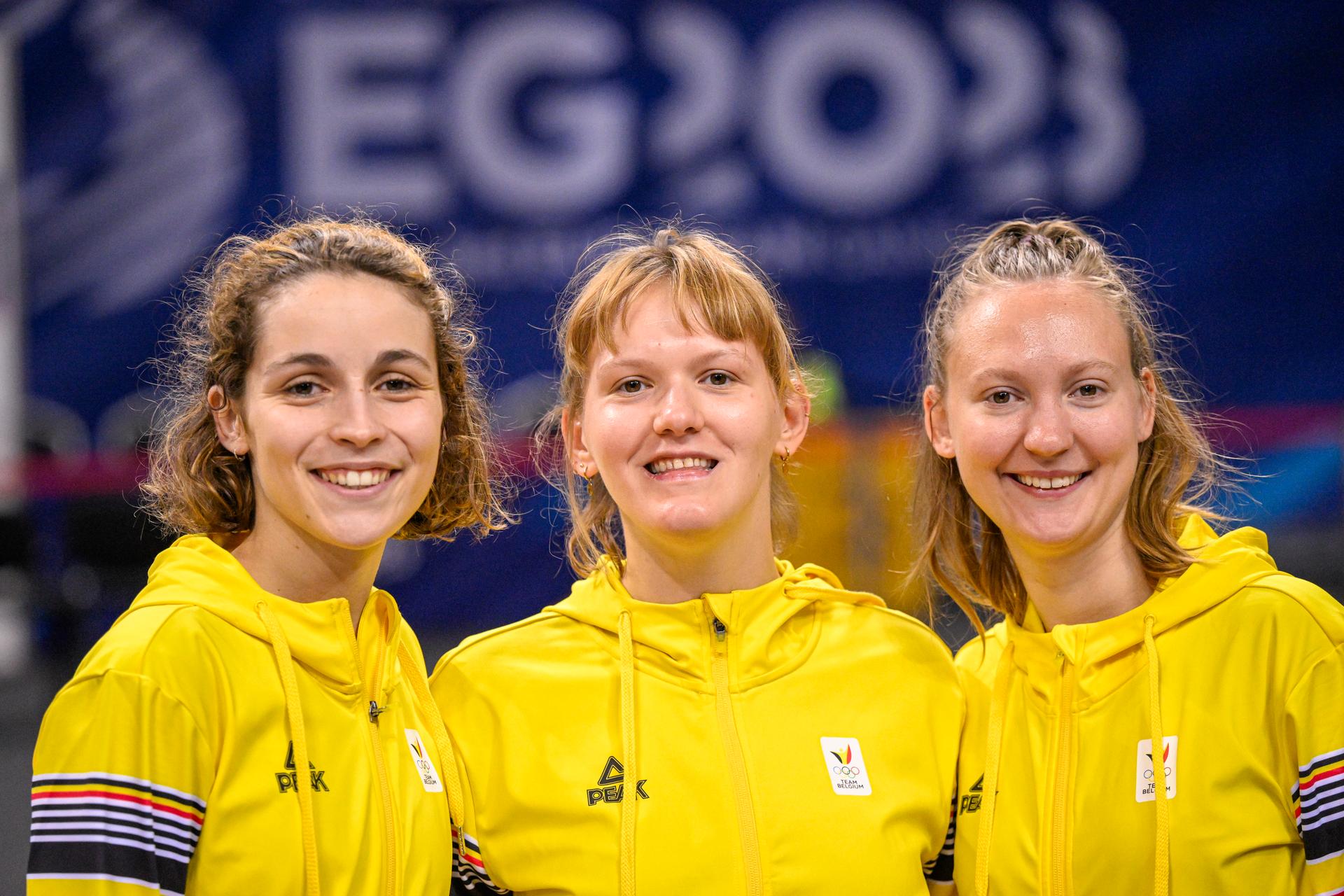 Fencing Athlete Aube Vandingenen, Fencing Athlete Anne Bultynck and Fencing Athlete Solane Beken pose for the photographer during the fencing event of the European Games in Krakow, Poland on Tuesday 27 June 2023. The 3rd European Games, informally known as Krakow-Malopolska 2023, is a scheduled international sporting event that will be held from 21 June to 02 July 2023 in Krakow and Malopolska, Poland. BELGA PHOTO LAURIE DIEFFEMBACQ