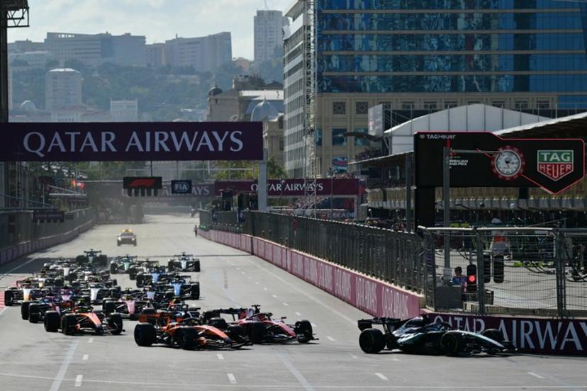 Mercedes' British driver George Russell leads at the start of the Formula One Azerbaijan Grand Prix at the Baku City Circuit in Baku on September 26, 2026.  Andrej ISAKOVIC / AFP