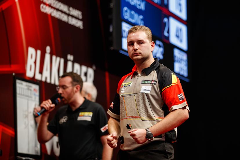 Belgian Dimitri Van den Bergh pictured in action during the second day of the Belgian Darts Open, a tournament in the European Tour that takes places from September 23 until September 25 in Wieze, Saturday 24 September 2022. BELGA PHOTO JEF MATTHEE