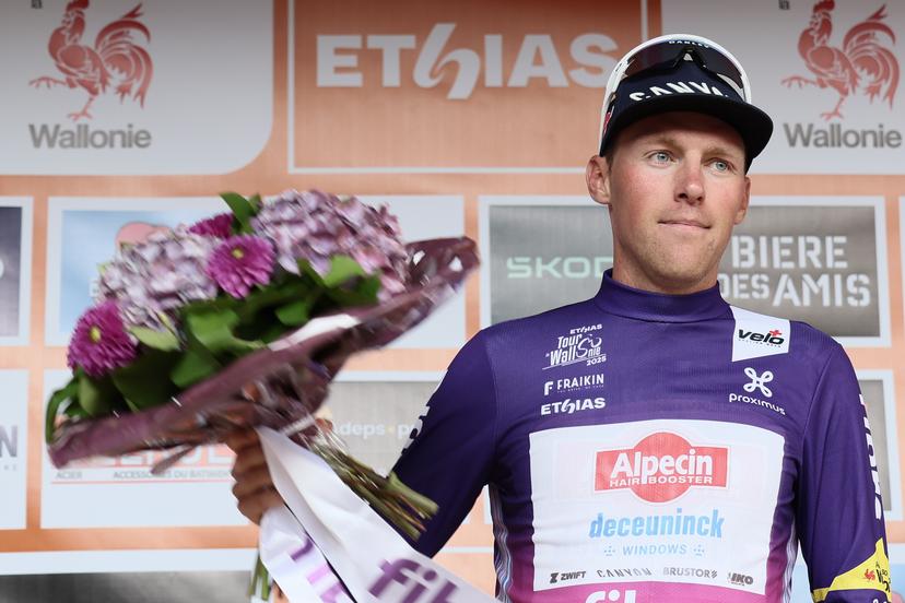 Belgian Timo Kielich of Alpecin-Deceuninck pictured on the podium after the second stage of the Tour De Wallonie cycling race, from Huy to Sambreville (153km), on Sunday 27 July 2025. BELGA PHOTO BRUNO FAHY