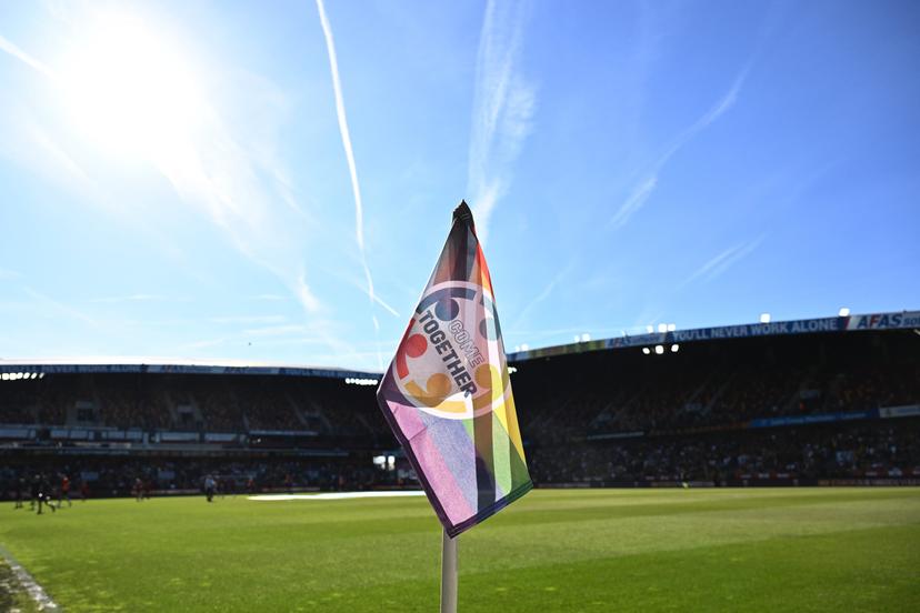 A rainbow colored corner flag for the Football for All campaign, at a soccer match between KV Mechelen and Standard de Liege, Saturday 10 May 2025 in Mechelen, on day 8 (out of 10) of the Europe Play-offs of the 2024-2025 'Jupiler Pro League' first division of the Belgian championship. BELGA PHOTO JOHAN EYCKENS
