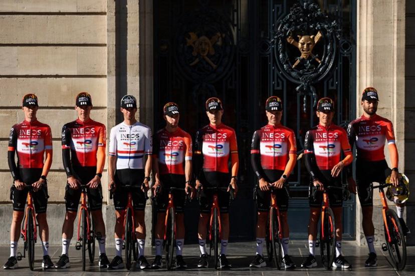 (From L) INEOS Grenadiers team's British rider Samuel Watson, INEOS Grenadiers team's British rider Connor Swift, INEOS Grenadiers team's Dutch rider Thymen Arensman, INEOS Grenadiers team's French rider Axel Laurance, INEOS Grenadiers team's Spanish rider Carlos Rodriguez, INEOS Grenadiers team's Norwegian rider Tobias Foss, INEOS Grenadiers team's British rider Geraint Thomas and INEOS Grenadiers team's Italian rider Filippo Ganna pose during the official teams presentation days prior to the start of the 112th edition of the Tour de France cycling race, in Lille, northern France, on July 3, 2025.  Anne-Christine POUJOULAT / AFP