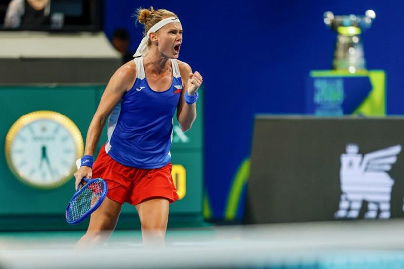 Czech Republic's Marie Bouzkova reacts after winning a point against Britain's Sonay Kartal in their women's singles quarter-final match at the Billie Jean King Cup tennis tournament in Shenzhen, in China's southern Guangdong province on September 22, 2026.  CN-STR / AFP