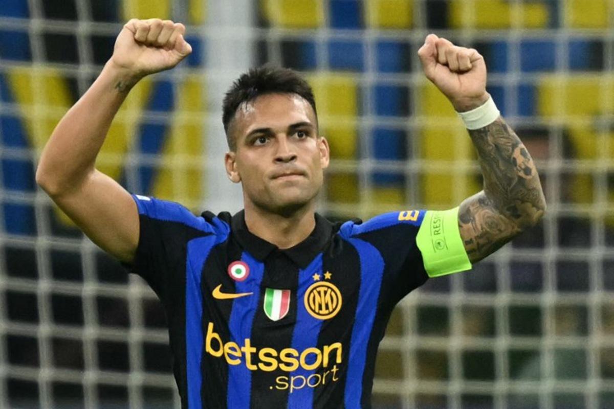 Inter Milan's Argentinian forward #10 Lautaro Martinez celebrates scoring his team's first goal during the UEFA Champions League first round day 2 football match between Inter Milan and Club Brugge at San Siro stadium in Milan, on October 13, 2026  Stefano Rellandini / AFP