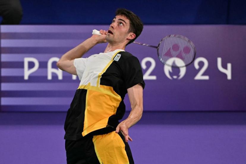 Belgium's Julien Carraggi plays a shot against India's Lakshya Sen in their men's singles badminton group stage match during the Paris 2024 Olympic Games at Porte de la Chapelle Arena in Paris on July 29, 2024.  Arun SANKAR / AFP