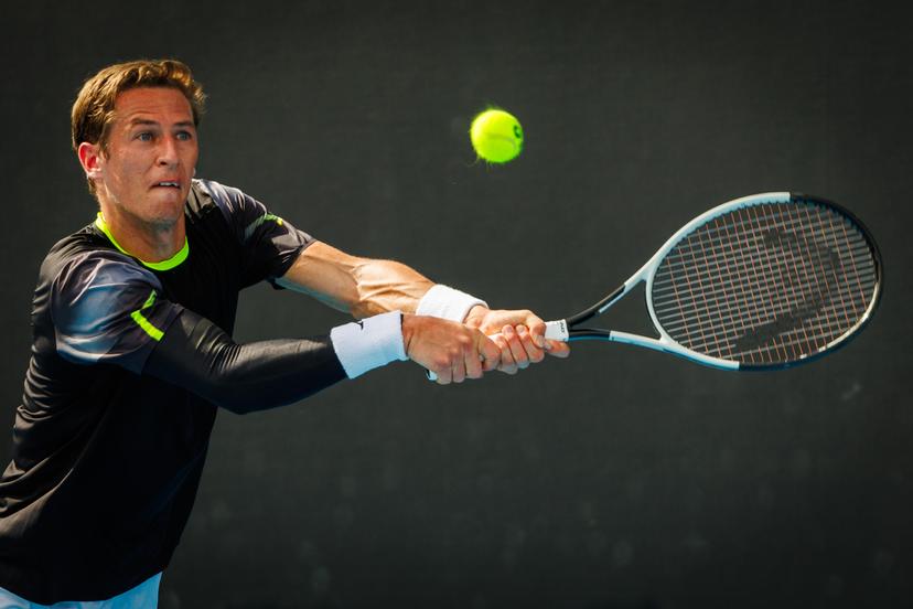 Belgian Kimmer Coppejans pictured in action during a tennis match against Monegasque Vacherot, in the third round of the qualifiers for the men's singles tournament, at the 'Australian Open' Grand Slam tennis tournament, Thursday 09 January 2025 in Melbourne Park, Melbourne, Australia. The 2024 edition of the Australian Grand Slam takes place from January 14th to January 28th. BELGA PHOTO PATRICK HAMILTON