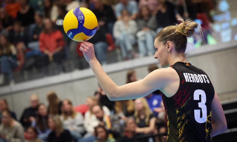 Belgium's Britt Herbots pictured in action during a volleyball match between Belgium's national women's volleyball team, the Yellow Tigers, and the Estonian national women's volleyball team, in match 3/6 of the League Round of the European Golden League women, in Beveren, Friday 24 May 2024. BELGA PHOTO VIRGINIE LEFOUR