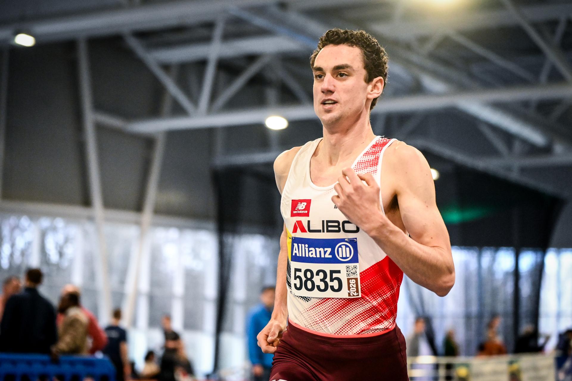 Belgian Jochem Vermeulen pictured in action during the 3000m race at the Belgian indoor athletics championships, on Sunday 01 March 2026 in Louvain-la-Neuve. BELGA PHOTO ELIAS ROM
