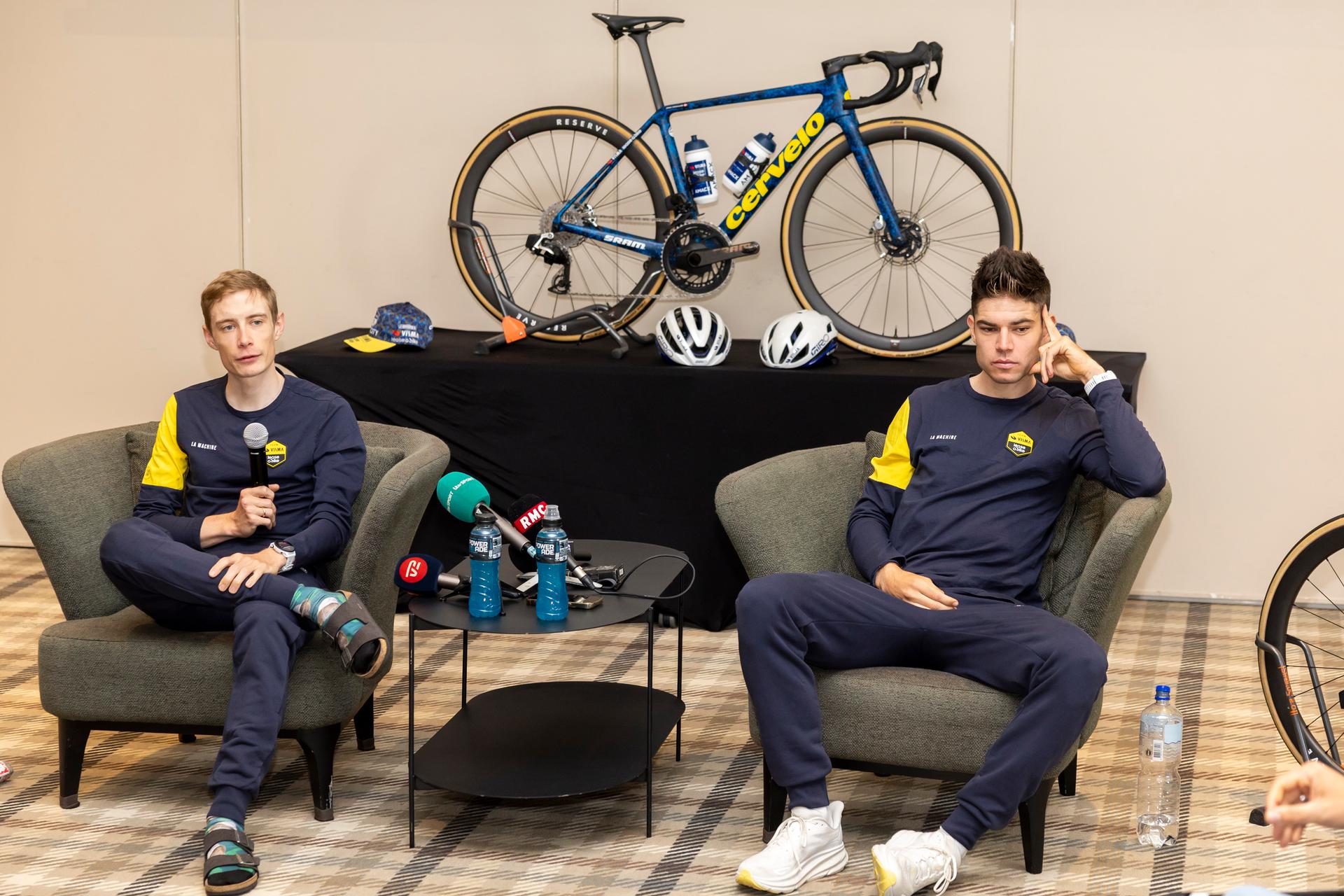 Danish Jonas Vingegaard of Team Visma-Lease a Bike and Belgian Wout van Aert of Team Visma-Lease a Bike pictured during press conference at the first rest day in the 2024 Tour de France cycling race, in Orleans, on Monday 08 July 2024. The 111th edition of the Tour de France starts on Saturday 29 June and will finish in Nice, France on 21 July. BELGA PHOTO David Pintens