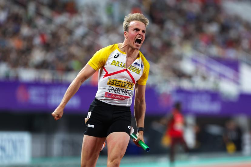 Belgian Simon Verherstraeten, Kobe Vleminckx, Robin Vanderbemden and Antoine Snyders pictured after the men's 4x100m relay race, at the world relay championships, on Saturday 10 May 2025 in Guangzhou, China. The world relay championships in Guangzhou take place from 10 to 11 May. BELGA PHOTO NIKOLA KRSTIC