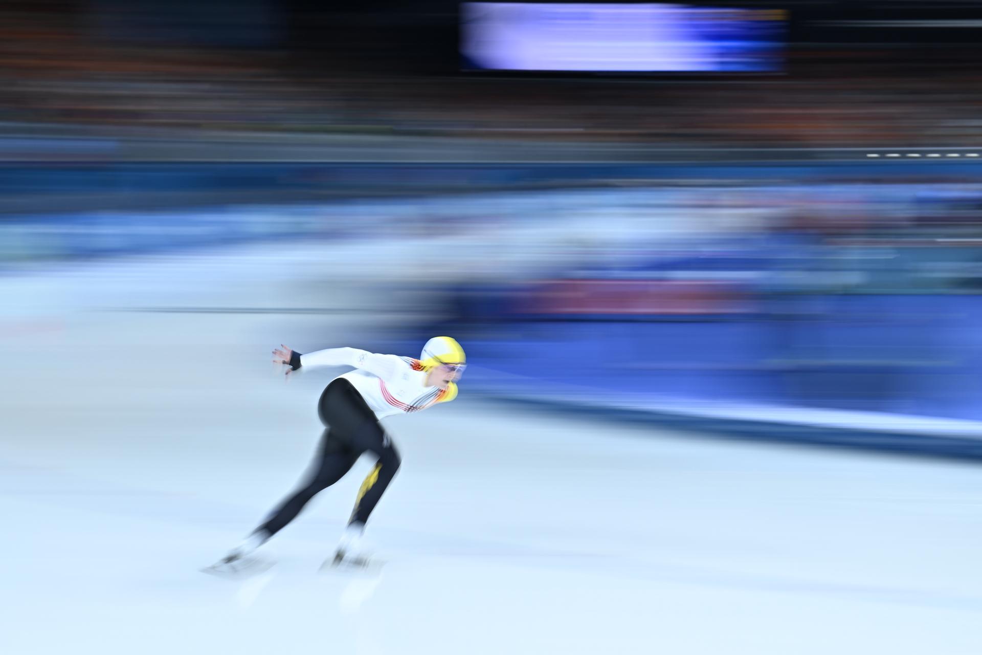 Belgian speed skater Fran Vanhoutte pictured in action during the Women's 1000m speed skating race at the Milano Cortina 2026 Olympic Winter Games, on Monday 09 February 2026 in Milan, Italy. The XXV Winter Olympics take place from 6 to 22 February 2026 in Italy. BELGA PHOTO JASPER JACOBS