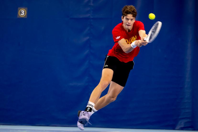 Belgian Alexander Blockx pictured in action during an open training session of the Belgian Davis Cup team ahead of the Davis Cup Finals (November 18-23), in Wilrijk, on Wednesday 12 November 2025. BELGA PHOTO DIRK WAEM