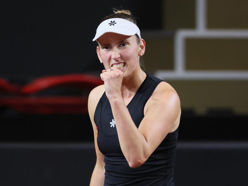 Belgian Elise Mertens reacts during the second game between Belgian Mertens (WTA 20) and US' Kessler (WTA 48) on the first day of tennis matches between Belgium and USA, in the qualifiers of the Billie Jean King Cup tennis, in Oostende, Belgium, on Friday 10 April 2026. The meeting takes place on 10 and 11th April. PHOTO BENOIT DOPPAGNE