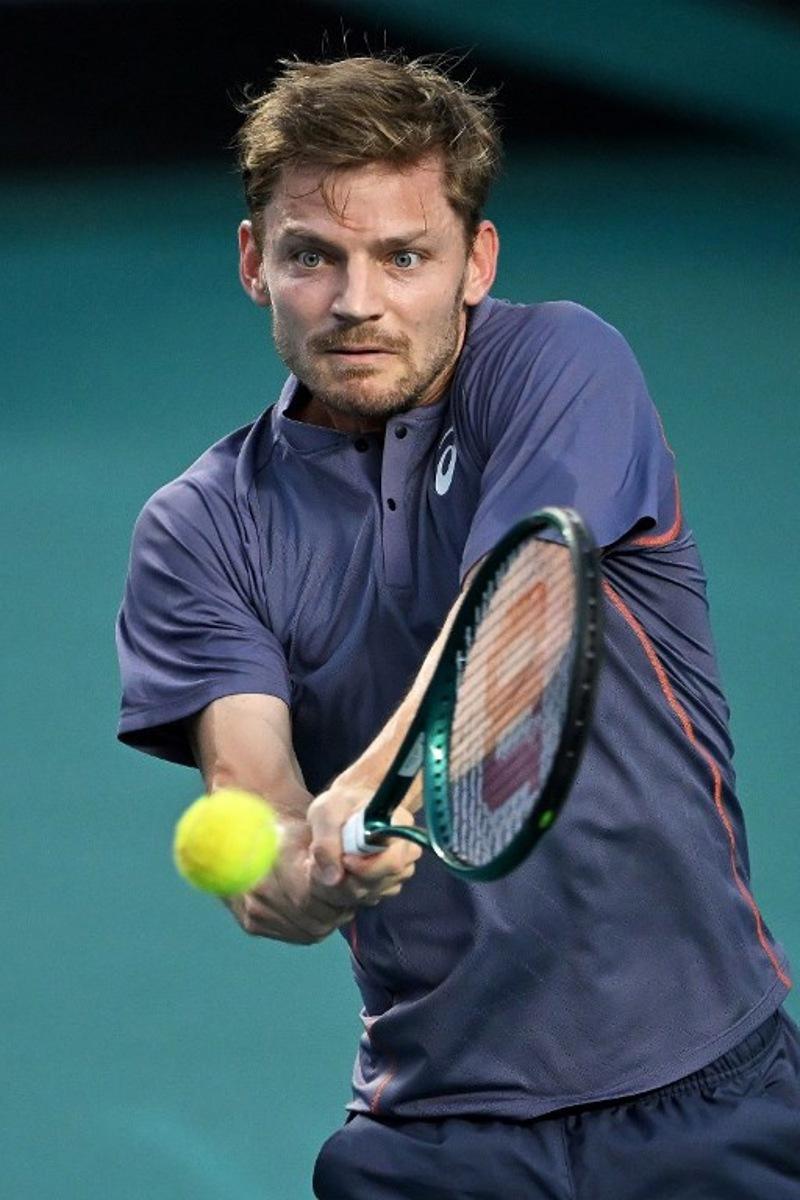 Belgium's David Goffin returns the ball to USA's Brandon Nakashima during their 2025 Mexico ATP Open 500 men´s singles tennis match at the Arena GNP Seguros in Acapulco, Guerrero State, Mexico on February 27, 2025.  CARL DE SOUZA / AFP