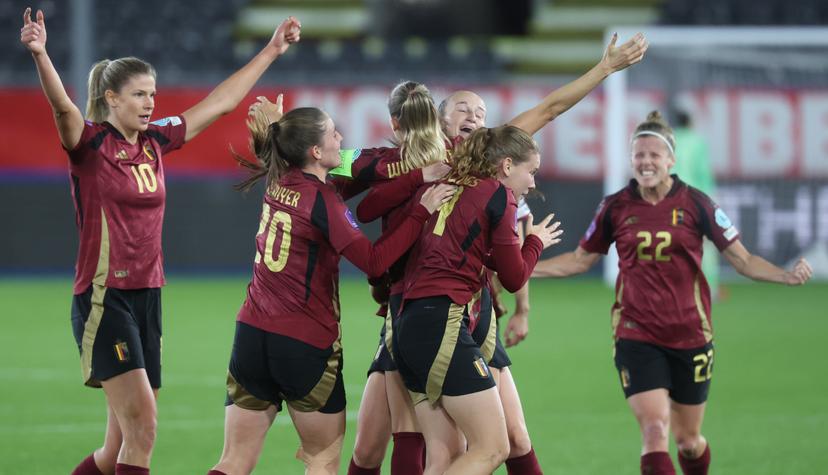 Belgium's Tessa Wullaert celebrates after scoring during a soccer game between Belgium's national women's team the Red Flames and Ireland, the return leg in the Nations League Promotion/relegation play-off, on Tuesday 28 October 2025 in Leuven. Flames lost the first leg 4-2. BELGA PHOTO VIRGINIE LEFOUR
