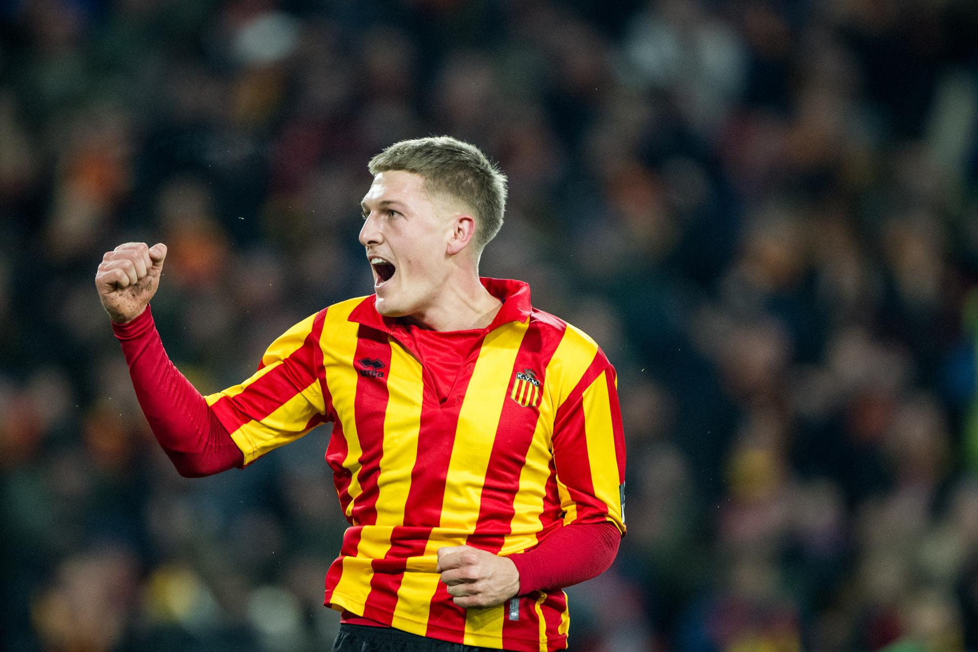 Mechelen's Bas Van Den Eynden celebrates after scoring during a soccer match between KV Mechelen and Royal Antwerp FC, Friday 13 December 2024 in Mechelen, on day 18 of the 2024-2025 season of the 'Jupiler Pro League' first division of the Belgian championship. BELGA PHOTO JASPER JACOBS