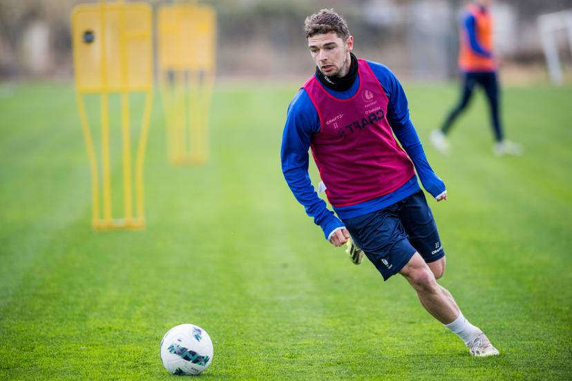 Gent's Hugo Cuypers pictured in action during the winter training camp of Belgian soccer team KAA Gent, in Oliva, Spain, Thursday 11 January 2024. BELGA PHOTO JASPER JACOBS