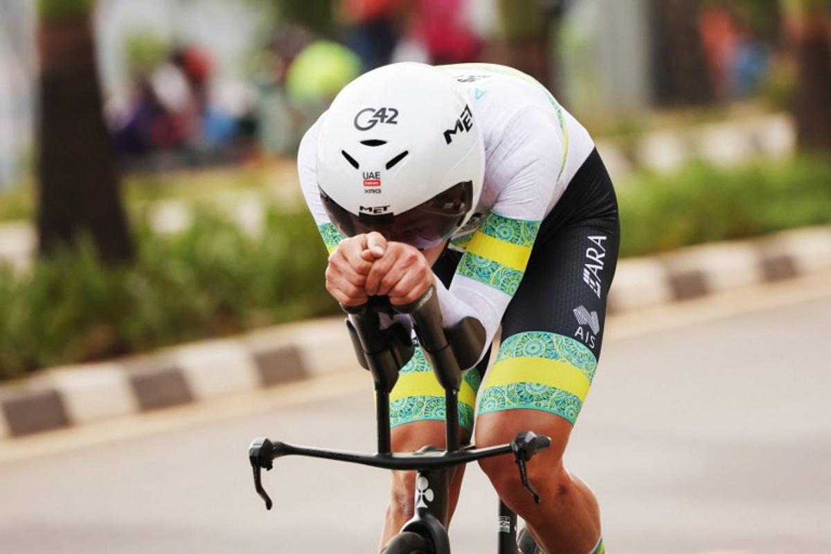 Australian rider Jay Vine competes in the men's Elite Individual Time Trial cycling event during the UCI 2025 Road World Championships, in Kigali, on September 21, 2025.  Anne-Christine POUJOULAT / AFP