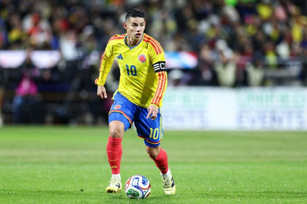 Colombia's midfielder #10 James Rodriguez controls the ball during the international friendly football match between Colombia and Australia at Citifield stadium in the Queens borough of New York City on November 18, 2025.  CHARLY TRIBALLEAU / AFP