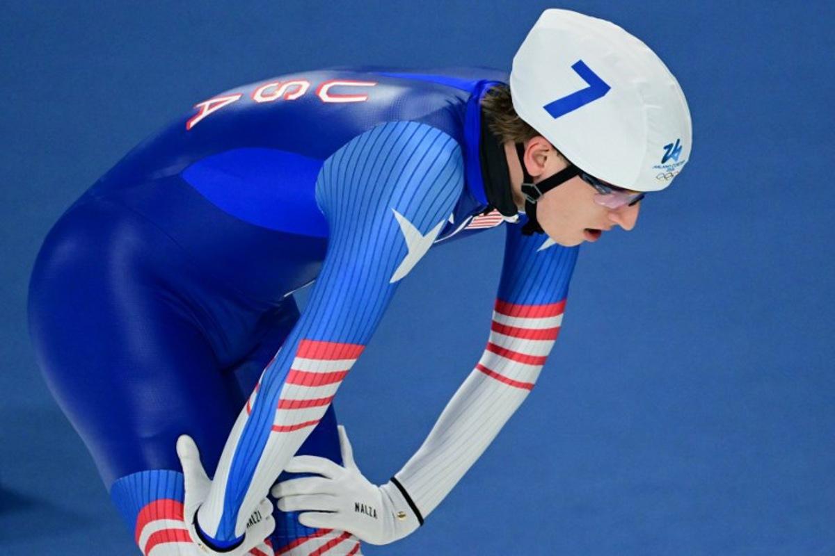 USA's Jordan Stolz reacts after competing in the speed skating men's mass start final during the Milano Cortina 2026 Winter Olympic Games at Milano Speed Skating Stadium in Milan on February 21, 2026.  Piero CRUCIATTI / AFP
