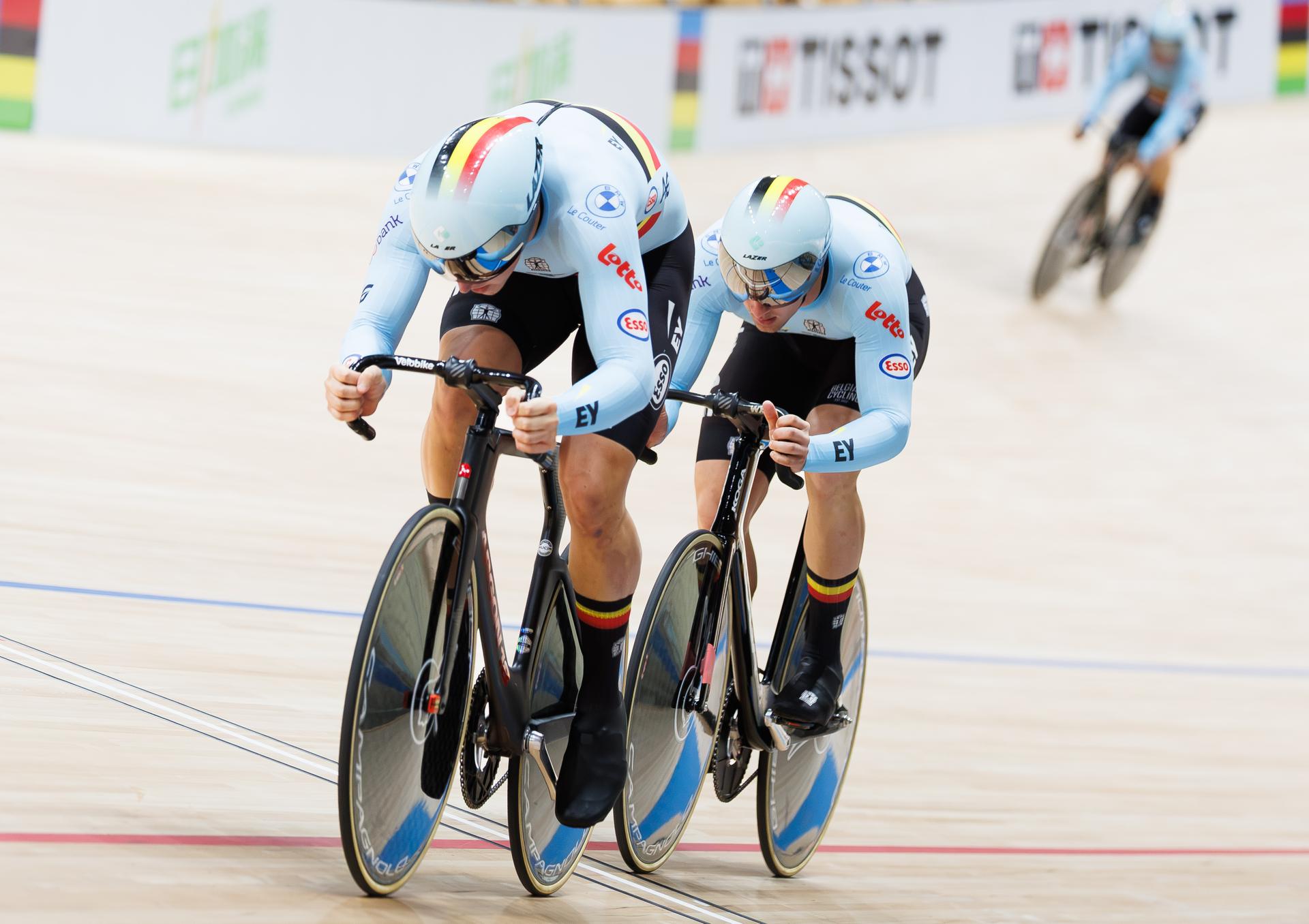 Belgian Runar De Schrijver; Belgian Thibault Van Laere and Belgian Lowie Nulens are pictured in action during the Men's Team Sprint event at the UCI Track Cycling World Championships in Shanghai, China on Wednesday 14 October 2026. The worlds are taking place from 14 to 18 October 2026. BELGA PHOTO BENOIT DOPPAGNE