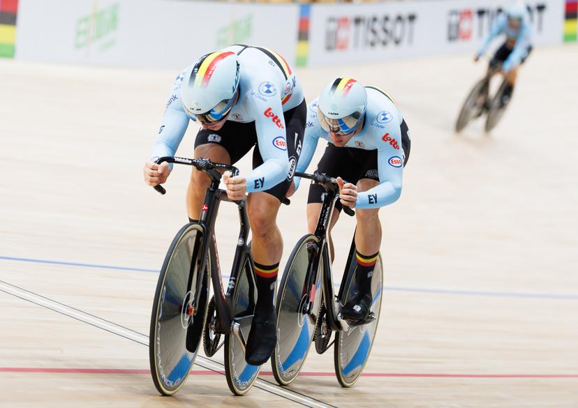 Belgian Runar De Schrijver; Belgian Thibault Van Laere and Belgian Lowie Nulens are pictured in action during the Men's Team Sprint event at the UCI Track Cycling World Championships in Shanghai, China on Wednesday 14 October 2026. The worlds are taking place from 14 to 18 October 2026. BELGA PHOTO BENOIT DOPPAGNE