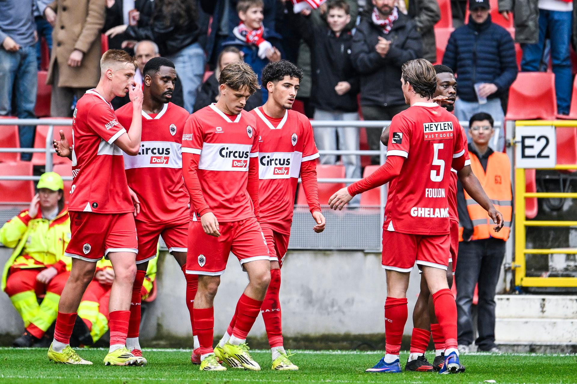 Antwerp's Youssef Hamdaoui celebrates after scoring during a soccer match between Royal Antwerp FC and Oud-Heverlee Leuven, Saturday 18 April 2026 in Antwerp, on the third day of the Europe Play-offs (PO3) of the 2025-2026 'Jupiler Pro League' first division of the Belgian championship. BELGA PHOTO TOM GOYVAERTS