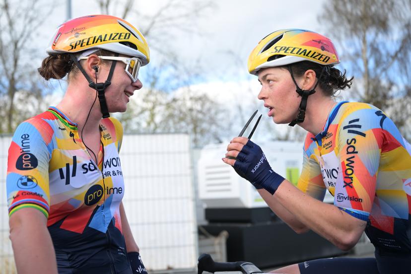Belgian Lotte Kopecky of SD Worx-Protime (L) pictured after the arrival of the women's race of the 'Ronde van Vlaanderen/ Tour des Flandres/ Tour of Flanders' UCI WorldTour one day cycling race, 164,1 km with start and finish in Oudenaarde, Sunday 05 April 2026. BELGA PHOTO DAVID PINTENS