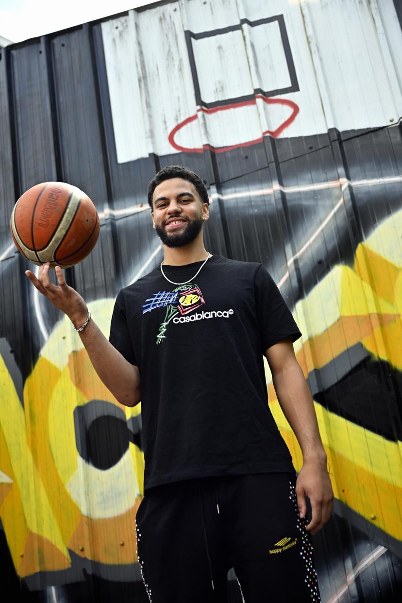 Ajay Mitchell poses for the photographer during a press conference regarding the NBA US basketball competition on Wednesday 30 July 2025 in Ans. Oklahoma City Thunder, featuring Belgian point guard Mitchell, won the league. BELGA PHOTO ERIC LALMAND