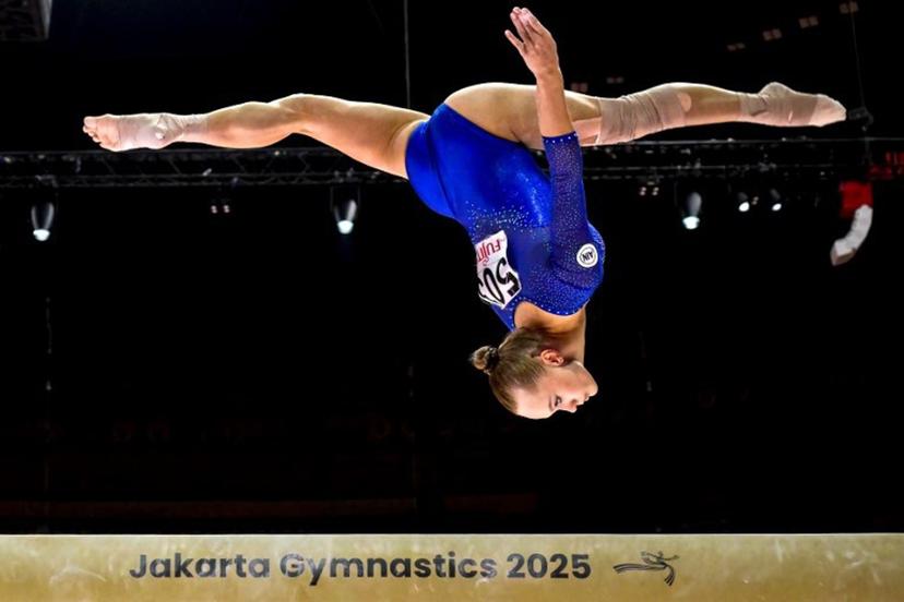 Russia's Angelina Melnikova competes as Individual Neutral Athletes on the uneven bars during the women's qualifying session at the 53rd FIG Artistic Gymnastics World Championships in Jakarta on October 21, 2025.   BAY ISMOYO / AFP
