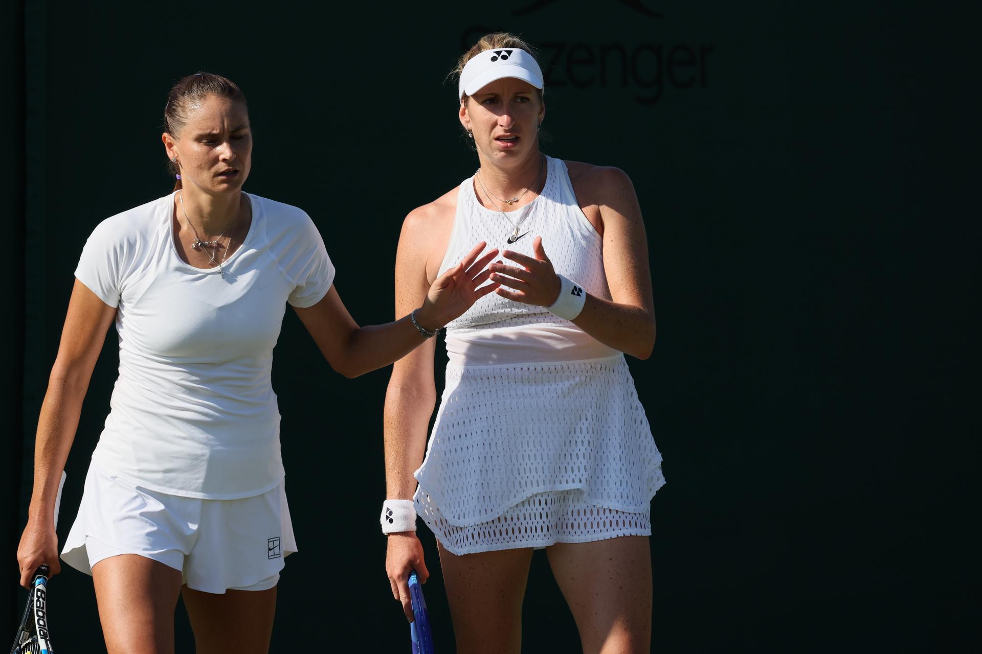 Alexandra Panova and Belgian Magali Kempen pictured at a tennis match between Belgian-/ pair Kempen-Panova and US-Polish pair Jovic-Linette in the first round of the Women's doubles at the Wimbledon grand slam tennis tournament in London, Britain, Thursday 02 July 2026.  BELGA PHOTO BENOIT DOPPAGNE
