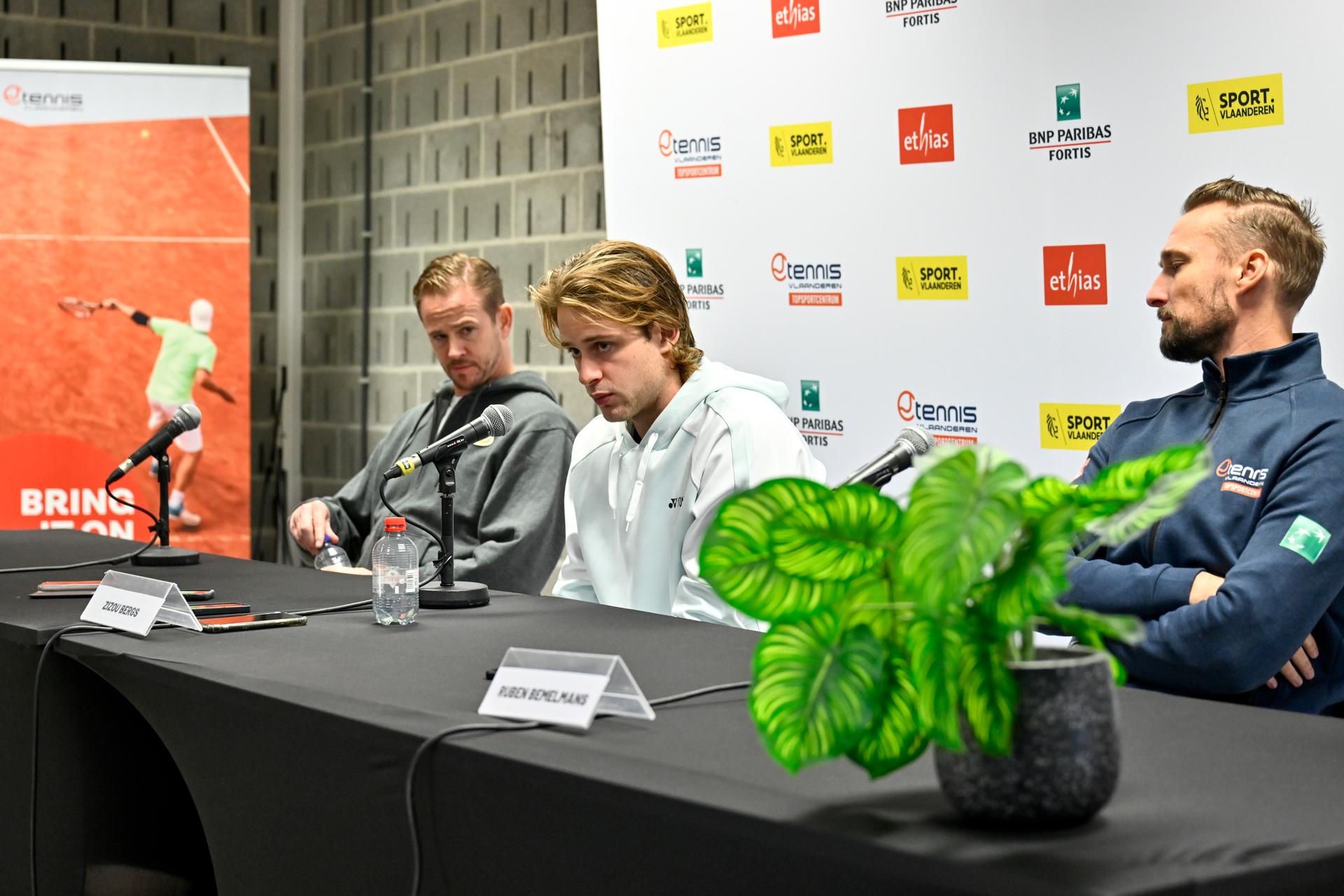 Coach Joran Vliegen, Zizou Bergs and coach Ruben Bemelmans a press conference of tennis player Bergs on his collaboration with coach Vliegen, on Thursday 21 November 2024 in Wilrijk, Antwerp. BELGA PHOTO DIRK WAEM
