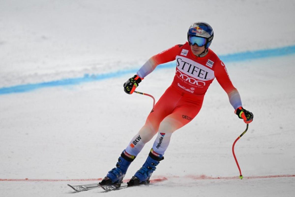 Switzerland's Marco Odermatt races during the men's downhill training at the Audi FIS Ski World Cup Sun Valley Finals at Sun Valley, Idaho on March 21, 2025.   Patrick T. Fallon / AFP