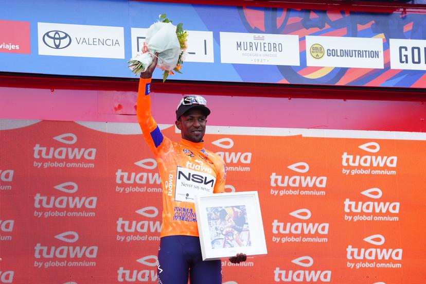 Eritrean Biniam Girmay of NSN Cycling Team celebrates on the podium after the final stage of the 2026 Volta Comunitat Valenciana, Tour of Valencia cycling race, a race from Betera to Valencia (93,8 km), on Sunday 08 February 2026 in Spain. The race takes place from 4 to 8 February and runs through the three provinces of the Valencian Community. BELGA PHOTO JOMA GARCIA