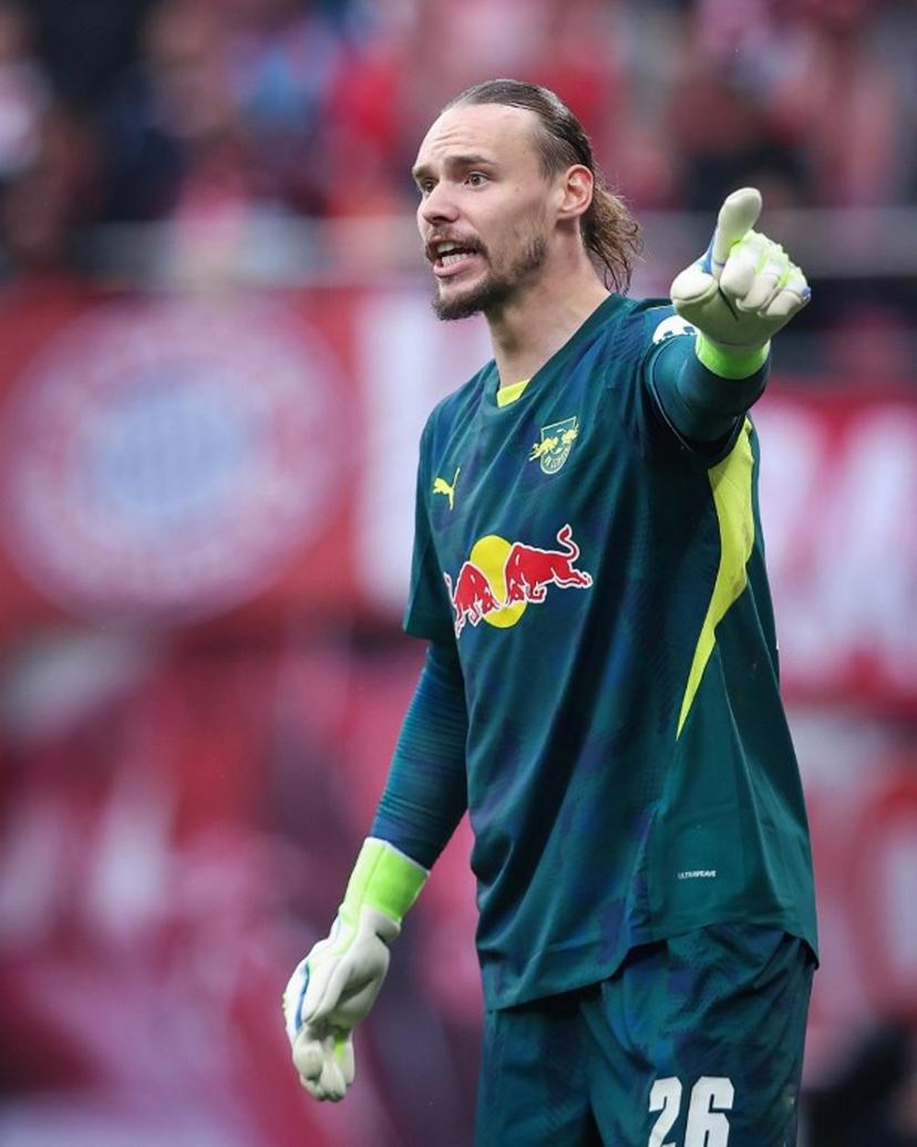 Leipzig's Belgian goalkeeper #26 Maarten Vandevoordt gestures during the German first division Bundesliga football match between RB Leipzig and FC Bayern Munich in Leipzig, eastern Germany on May 3, 2025.  Ronny Hartmann / AFP