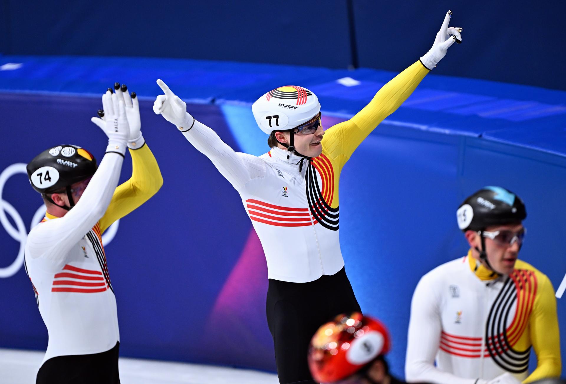 Belgian shorttrack skater Ward Petre, Belgian shorttrack skater Warre Van Damme and Belgian shorttrack skater Stijn Desmet celebrate after the Final B of the men's 5000m relay Short Track Speed Skating, at the Milano Cortina 2026 Olympic Winter Games, on Friday 20 February 2026 in Milan, Italy. The XXV Winter Olympics take place from 6 to 22 February 2026 in Italy. BELGA PHOTO JASPER JACOBS