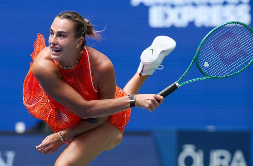 Belarus' Aryna Sabalenka serves to Colombia's Camila Osorio during the women's singles first round tennis match on day two of the US Open tennis tournament at the USTA Billie Jean King National Tennis Center in New York on August 31, 2026.  TIMOTHY A. CLARY / AFP