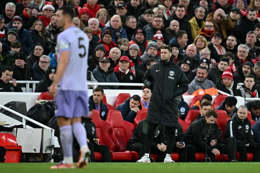 Brighton's German head coach Fabian Hurzeler reacts during the English Premier League football match between Liverpool and Brighton and Hove Albion at Anfield in Liverpool, north west England on December 13, 2025.  Paul ELLIS / AFP